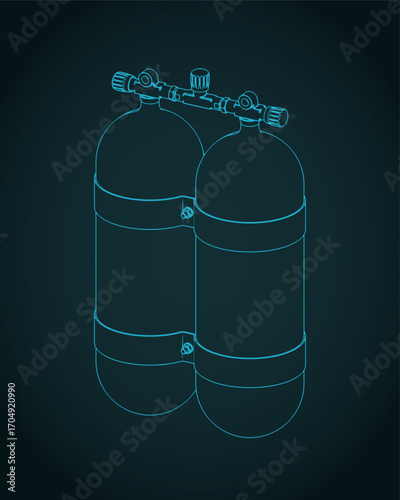 Oxygen cylinders for diving isometric blueprint
