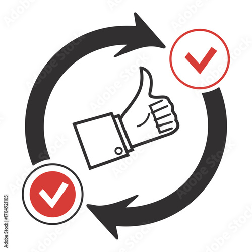 Vector art of circular arrow with thumbs up and check marks indicating approval and process