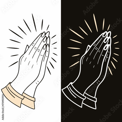 Vector art of praying hands illustration in black and white with radiating lines