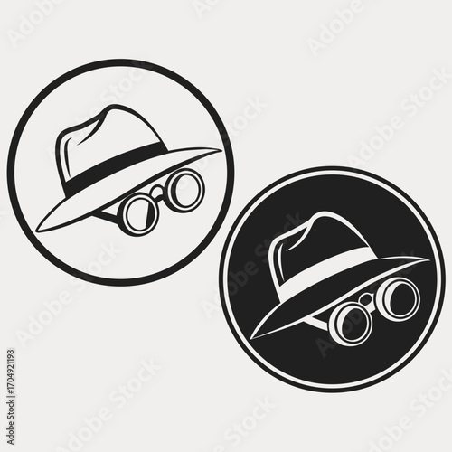 Vector art of spy hat and binoculars icon in black and white, representing espionage and investigation