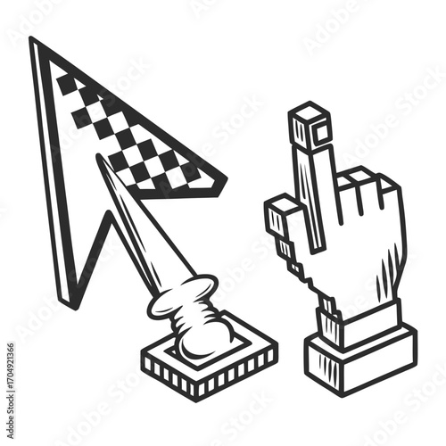 Vector art of two stylized computer cursors, a checkered arrow and a pixelated hand