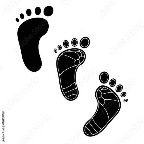 Vector art of three black footprint icons with different styles