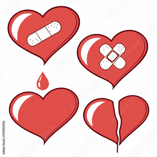 Vector art of four red hearts, some bandaged, one broken, one bleeding