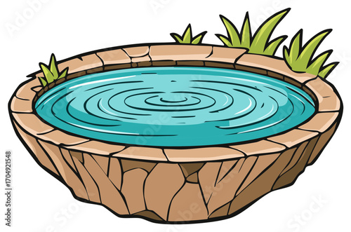 Cartoon illustration of a pond with rippling water and grass growing around