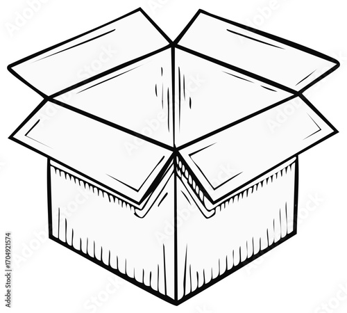 Hand drawn open cardboard box with flaps tilted outward in a sketch style