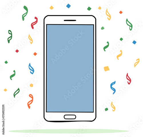 Hand drawn mobile phone with colorful confetti celebrating a prize or good news
