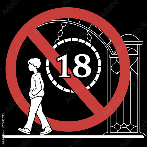 Vector art of no entry for under 18 years old, prohibition sign with person and gate