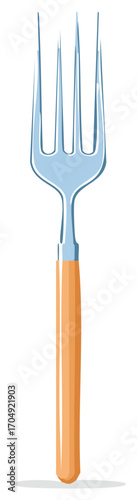 Four pronged dining utensil with a blue metallic head and an orange wooden handle