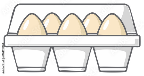 Cartoon drawing of six fresh beige eggs neatly arranged in an open white paper carton