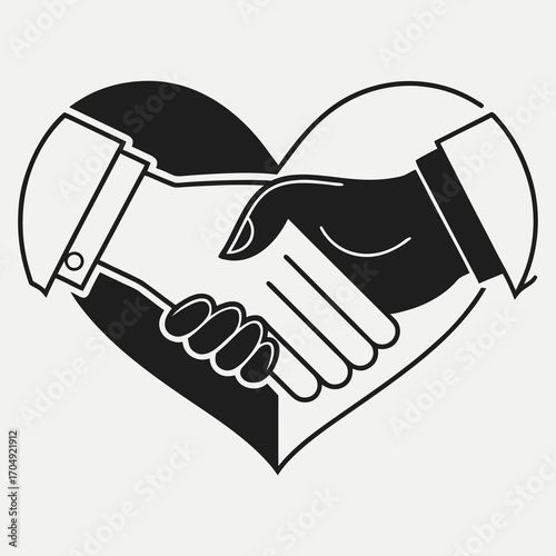 Vector art of symbolic illustration of two hands shaking inside a heart shape, representing partnership, trust, and love