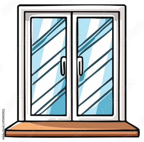 Clean cartoon window illustration with white frame clear glass and wooden sill