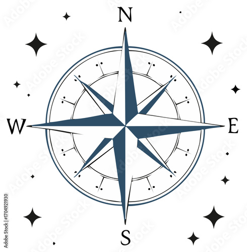 Stylized compass with navigational directions in a nautical design, abstract stars.