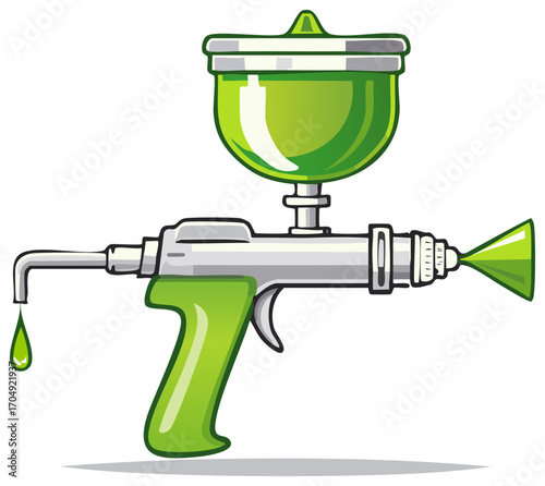 Green liquid paint gun with dripping nozzle spraying in vector design, colorful cartoon illustration.