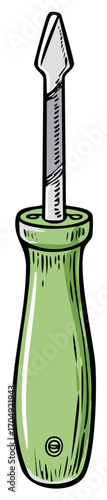 Green Handled Flathead Screwdriver Hand Drawn Illustration in Vector Format