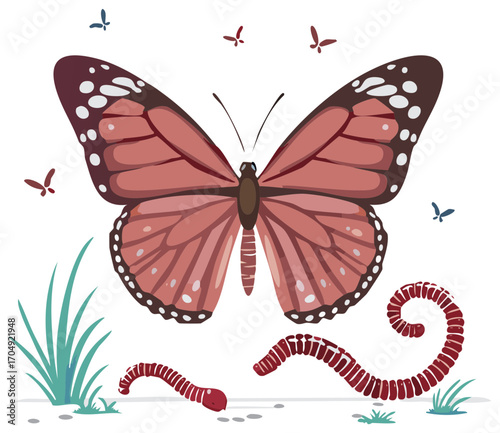 Vector illustration of a pink butterfly with spread wings, earthworms, and insects in a garden scene.