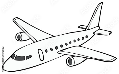 White Passenger Plane Illustration with Black Outlines, Air Travel Concept Design, Airplanes