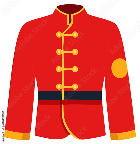 Red tunic with golden accents featuring decorative buttons and black belt for military or theatrical use