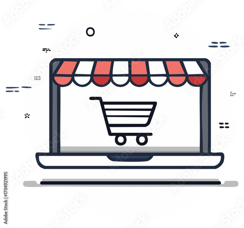 Digital storefront concept with laptop screen and shopping cart for online retail