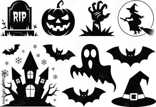 Halloween spooky vector icons haunted house bats ghost pumpkin witch tombstone graveyard hand black silhouette clipart set.