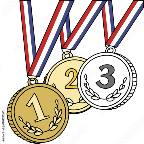 Vector art of three sport medals with ribbons, numbered 1, 2, and 3
