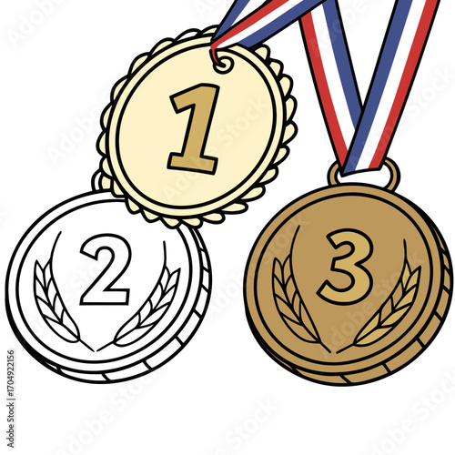 Vector art of gold, silver, and bronze medals with numbers 1, 2, and 3