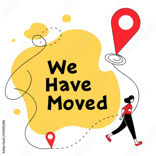 Vector art of we have moved text with a person walking and location pins