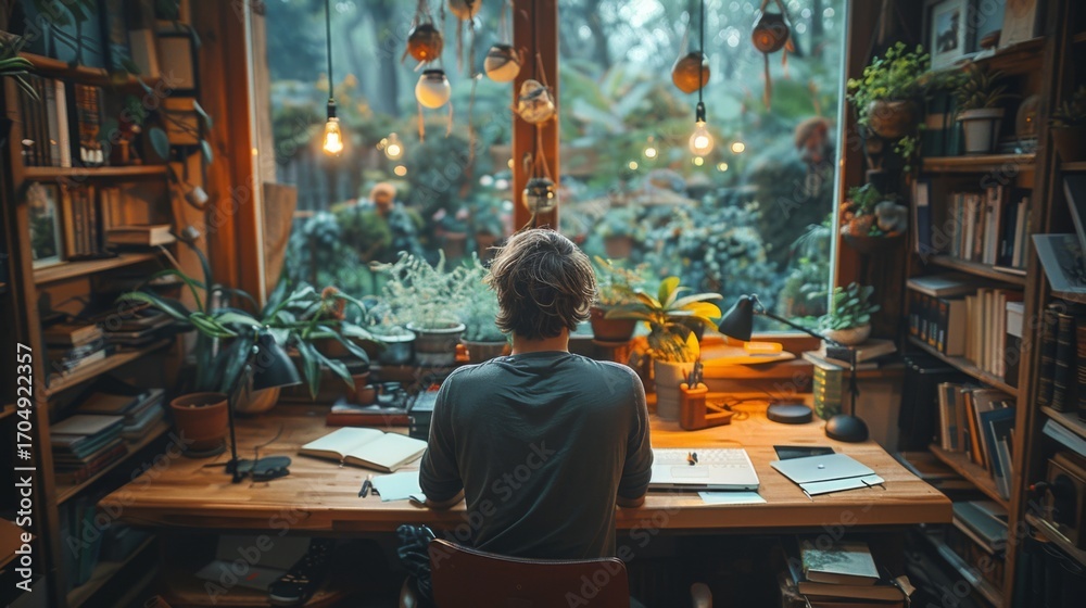 Obraz premium A man works from home with a view of nature outside an open window. The concept of remote work, freelancing