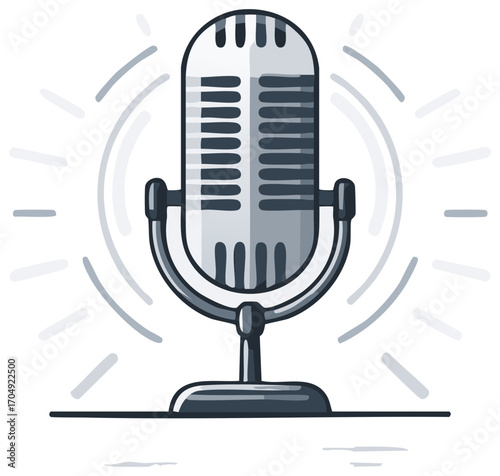 Classic retro microphone drawing broadcasting communication sound recording device podcast studio equipment with light effect around for streaming voice
