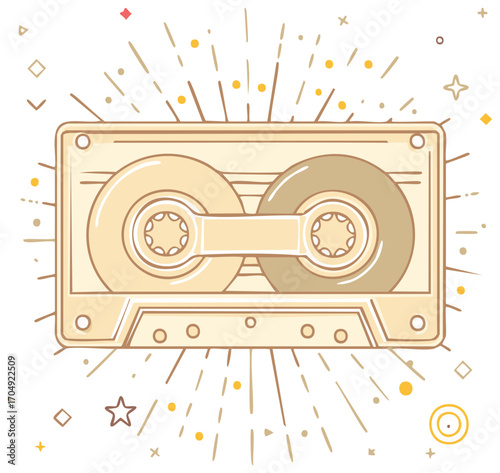 Retro Cassette Tape with Starburst Accents for Music and Nostalgia Themes