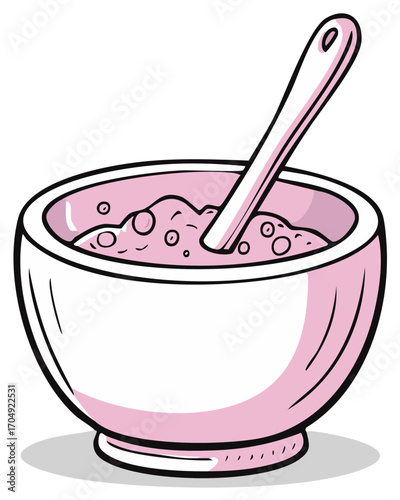 Cartoon illustration of a bowl with a spoon, pink oatmeal or dessert, close-up view.