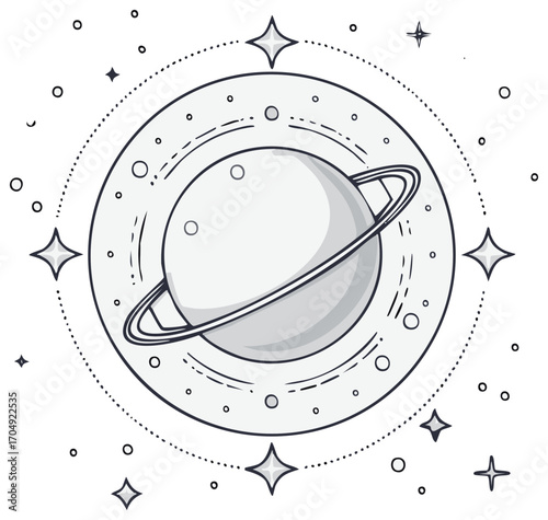 Hand drawn planet with rings and stars in space doodle illustration