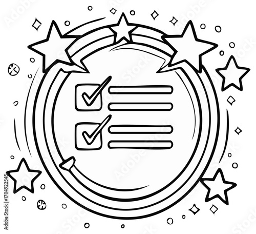Doodle of a completed checklist with checkmarks and celebratory stars