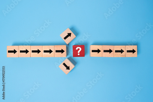 Принти на полотні Question mark print screen on red wooden block cross in the middle of arrow for interrupt of process concept