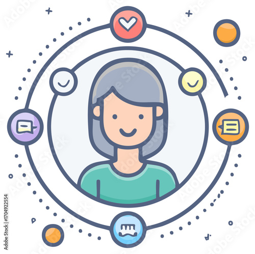 Woman avatar surrounded by social media communication icons, connection network concept