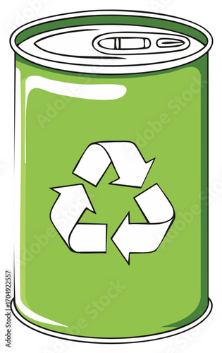 Green illustration of a recycled tin can with a recycling symbol, isolated.