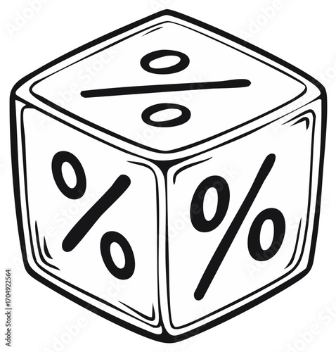 Stylized dice with percentage and division symbols representing business finance analytics and risk management illustration