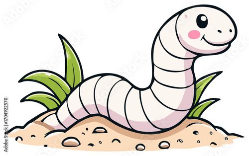 Cute cartoon earthworm peeking out from soil with green leaves
