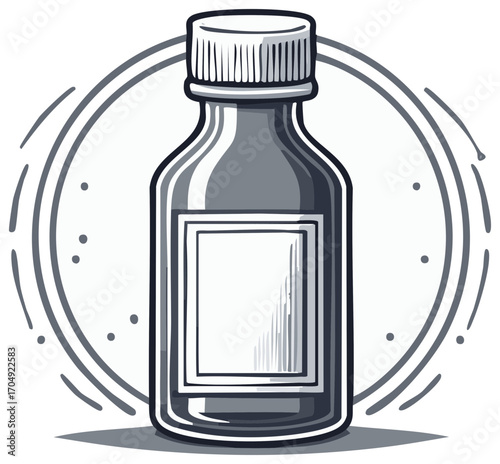Monochrome vector illustration of a medicine bottle with a blank label icon