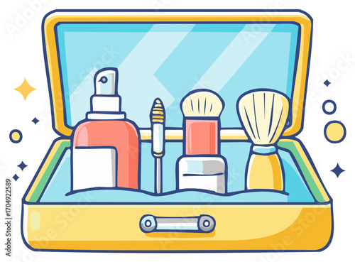 Open beauty kit with colorful makeup brushes and cosmetic products illustration