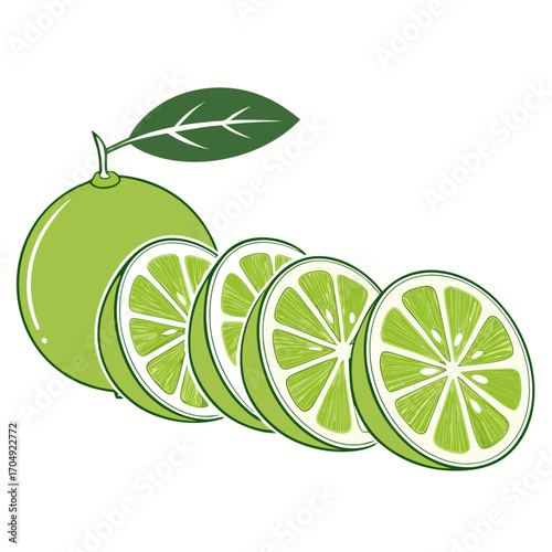 Vector art of fresh green lime fruit, whole and sliced