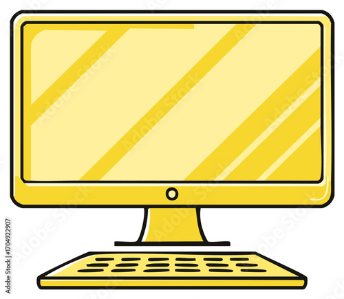 Yellow desktop computer illustration, keyboard and screen, simple digital technology.