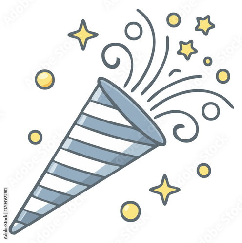Striped Celebration Popper Bursting with Confetti Stars and Swirls Festive Event Fun Cartoon Illustration