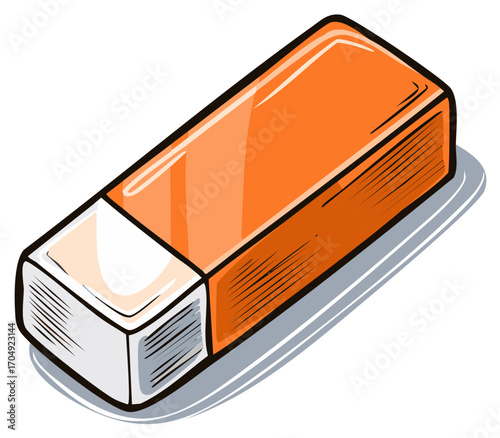 Illustration of an orange eraser with white end for correcting mistakes, stationery item for artist, writer or student