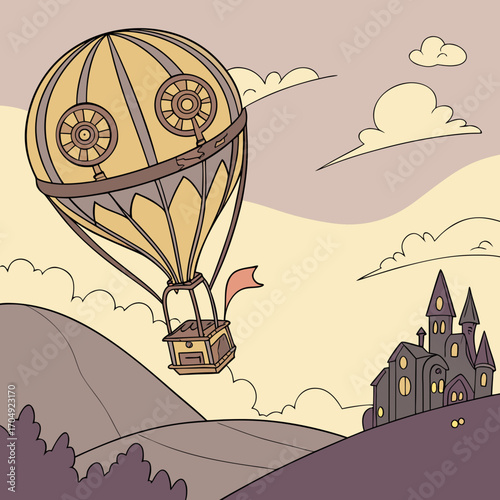 Vector art of steampunk hot air balloon with a basket and flag flying over a castle and rolling hills