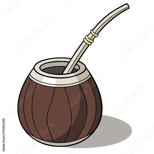 Vector art of a traditional mate gourd with a bombilla straw, isolated on a, symbolizing a cultural beverage