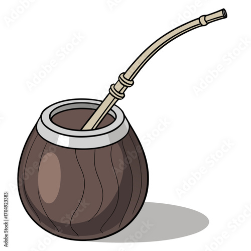Vector art of a traditional mate gourd with a bombilla straw, isolated on a, representing a popular south american beverage