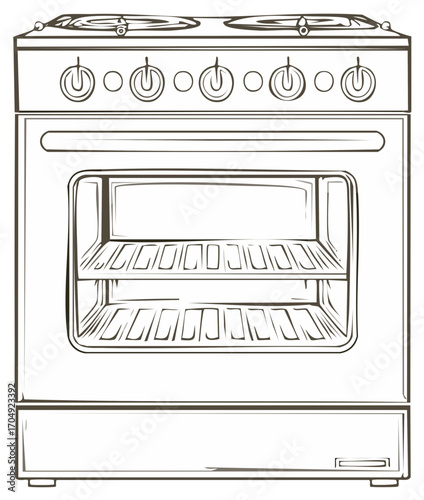 Classic freestanding gas oven with stove top and open oven cavity, sketch style