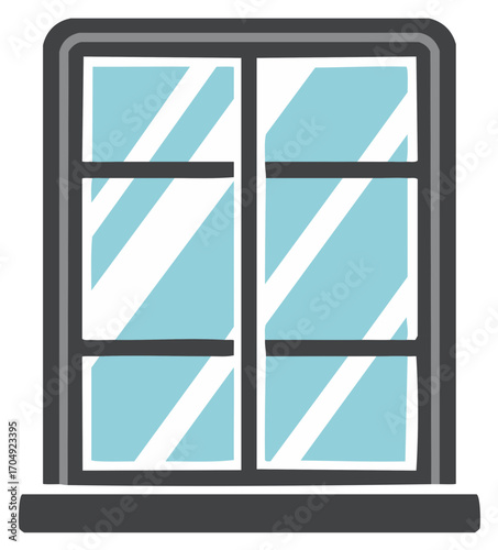 Cartoon illustration of a closed window, blue glass, modern building architecture.