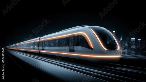 Modern High-Speed Train Speeding Through Future City Nightscape