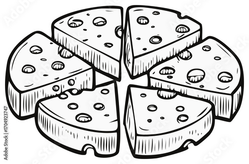 Cheese wheel cut into wedge slices black and white cartoon illustration